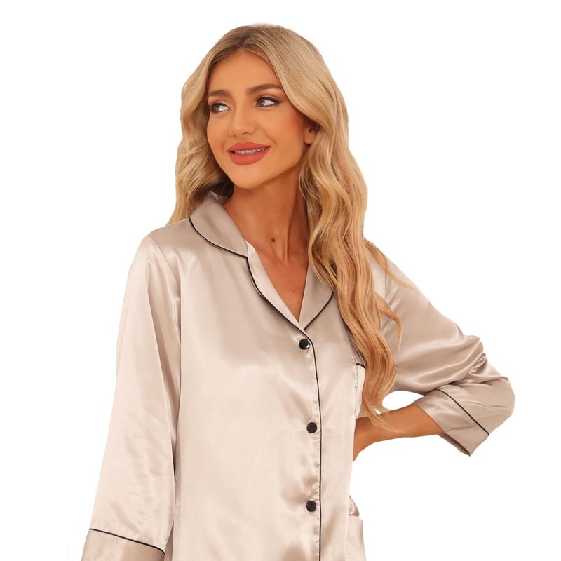 Teemie Women's V-Neck Satin Night Dress Sleepwear 3/4 Sleeves Sleep