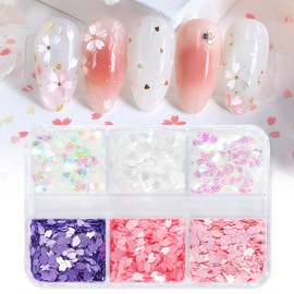 MOLILON 6 Colors 3D Holographic Cherry Blossom Nail Glitter Sequins with Pickup Pencil & Tweezer, Acrylic Nail Art Supplies, Sakura Petal Glitter Flakes Design for Women Summer Manicure Decoration
