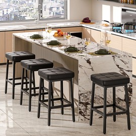 VECELO Modern Counter Height Bar Stools Set of 2, 24" PU Leather Upholstered Counter Stools with Metal Frame, Backless Square BarStools Bar Chairs for Kitchen Island, Black