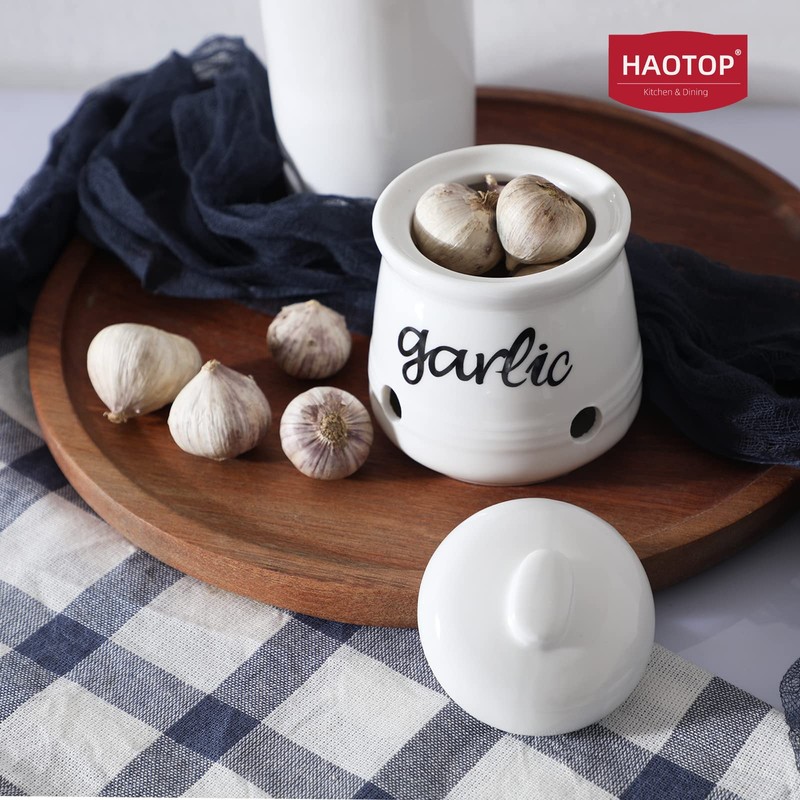 HAOTOP Garlic Keeper with Lid, Ceramic Mini Garlic Saver Container