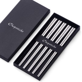 Buyer Star Chopsticks Stainless Steel Chopsticks Korean Chopsticks Set of 5 Pairs 23.5 cm Silver Luxury 18-8 Stainless Steel Silver Chopsticks Iron Chopsticks Square Shape Anti-slip Gift Box Packaging