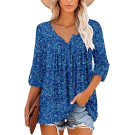 ROSELINLIN Long Sleeve Tunic Tops for Womens Loose Fit Henley Neck Tops Blue S