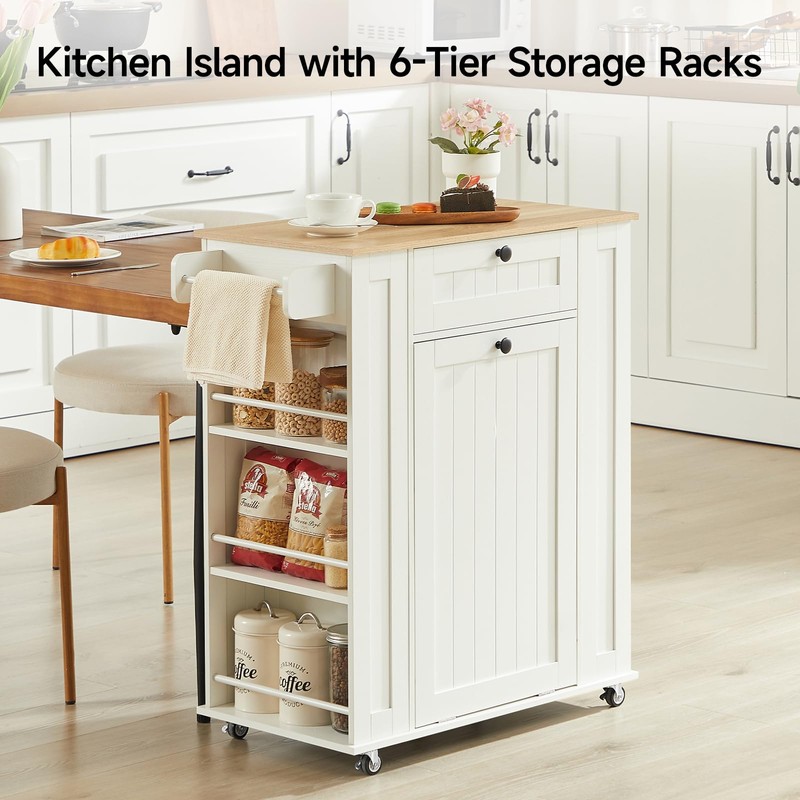 Rolling Kitchen Island with Trash Can Cabinet, 6-Tier Spice Rack,