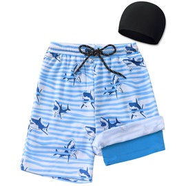 Sewetier Toddler Swim Shorts Boys Bathing Suit with Compression Liner 7Y Boy Swimsuit(Stripes)