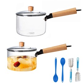 Inevoc 2 Pack Glass Saucepan Set, 60oz/1.8L Clear Glass, Heat-resistant Simmer Pot for Pasta, Soup, Milk, Cookware with Lid and Long Handle
