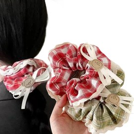 iRIIRIO 2pcs Large Colored Plaid Hair Scrunchies with White Lace Hem Cute Bear Ribbon Bow Elastic Hair Ties Hair Accessories for Women Girls (Red+Light Green)