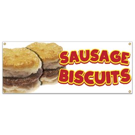 SignMission Sausage Biscuits 48" Banner Concession Stand Food Truck Single Sided, Size: 18" X 48"