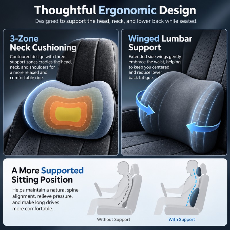 Car Memory Foam Neck & Lumbar Support Cushions for Driving