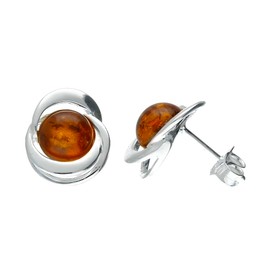 Entwined Circles Fancy Framed Amber Sterling Silver Stud Earrings for Women Ladies Girls - Unusual Amber Ear Studs - Amber Jewellery. 080438