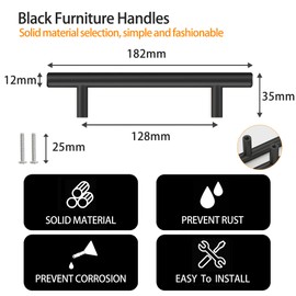 SSYR&P Set of 4 furniture handles, solid aluminium, hole spacing of 128 mm, total length of 182 mm, including screws. for kitchen handles, cabinet handles, drawer handles and wardrobe handles, black