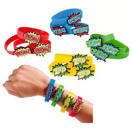 Superhero Stretchy Rubber Bracelets 12 Pack (6") Colorful Wristbands with Comic Super Hero Action Sayings Snap! Pow! Boom! Zap. Great for Birthday, Party Favors (Superhero Bracelets, 12)