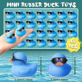 Meooeck 60 Pcs Mini Rubber Ducks with 60 Sunglasses 2.2'' Glow in The Dark Rubber Ducks Squeak Rubber Duckies Bulk Bathtub Toys Floating Fluorescent Tiny Ducks Light Up Duck for Shower (Blue)