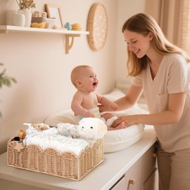 Klippehop Wicker Diaper Caddy Organizer, Nursery Storage Basket for Diapers and Baby Wipes, Baby Essentials Organizer for Changing Table, Splinter Free Rattan Style (Natural, L)