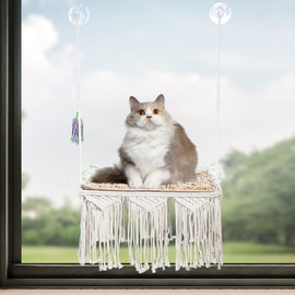 WHDPETS Cat Window Perch, Boho Cat Hammock Wall Mounted with 4 Strong Suction Cups, Pet Resting Seat Bed for Indoor Cats, Solid Metal Frame and Padded Mat, Safety Kitty Swing Shelf for Window