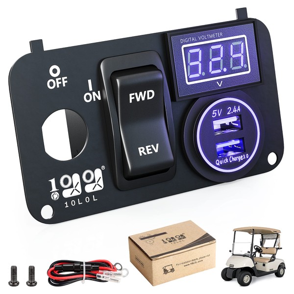 10L0L Golf Cart Key Console Switch Plate Multifunctional Panel for 2003+ EZGO TXT PDS Electric, Forward Reverse Switch Button & LED Digital Voltmeter & 12V Quick Charge 3.0 Dual USB Socket 3 in 1