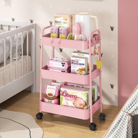 TOOLF Metal Utility Cart，3 Tier Rolling Cart wth 4 Hooks Storage Cart on Wheels Craft Cart with Handle for Organizer Storage for Classroom Office Dorm Home Pink