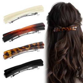 XLIUAX 8 Pcs French Barrette Hair Clips for Women, Small Tortoise Shell Curved Glossy Thin Fine Flat Hair Barrettes 2.56 Inch Black White Leopard Color Amber