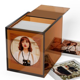 WINKINE Acrylic Polaroid Frame & Photo Storage Box for i-Type/600/SX-70/Instax Square Film, 4.2''x3.5'' Film Frame, Vintage Box with Sliding Lid, Amber, 1 Pack