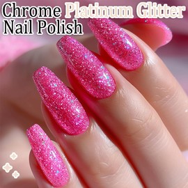 AHAMIOU Glitter Gel Nail Polish Chrome Platinum Glitter Gel Polish Kit Holographic Silver Sparkle Shiny Varnish for Salon Home DIY Nail Art Painted Liner (Hot Pink, 1PC)