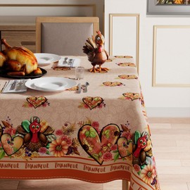 XCHI Turkey Maple Leaves Pumpkin Flowers Thanksgiving Fall Tablecloth Rectangle Washable Table Covers for Indoor Outdoor Dining Home Party Decorations Table Cloth 60x104 Inch