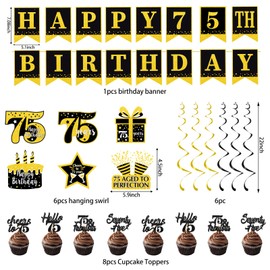 Trgowaul 75th Birthday Decorations for Men Women, 22pcs Black Gold Birthday Party Supplies, Banner, Hanging Swirl Flag, 75th Sash&cake topper, Balloons, 75 Year Old Party Decorations Set