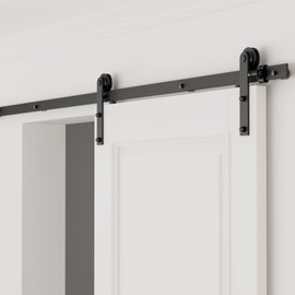 CCJH 8FT Single Sliding Barn Door Hardware Kit Black Carbon Steel Hanger Flat Track System for Closet Kitchen 1 Door 48 inch Wide, Smoothly and Quietly I Shape Roller