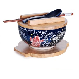 Happy Sales HSKM-KOIRB5, Japanese Kamameshi Vintage Style Rice Noodle Ramen Bowl with Bamboo Lid Trivet Chopsticks and Porcelain Spoon Bowl Set, Koi
