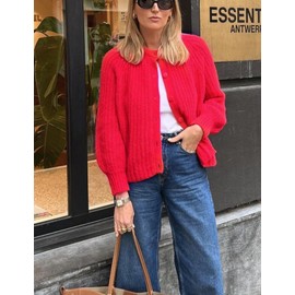 JOLLYBUYER Women's Knitted Crop Cardigan Sweaters Button Down Fall Open Front Chunky Loose Casual Cardigan Red