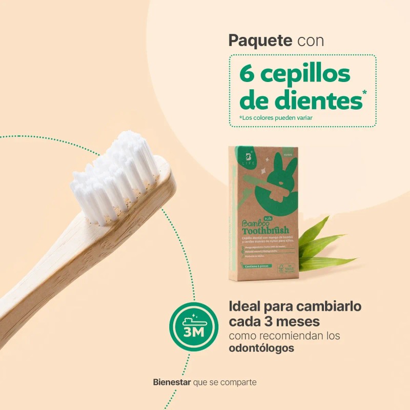 Kit 6 Cepillos Dentales De Bambú Suaves Para Niños. B