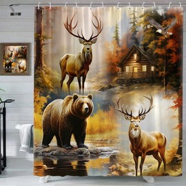 Rustic Bear Deer Shower Curtain Fall Forest Cabin Wildlife Elk Animal Woodland Montains Hunting Lak Lodge Autumn Country Nature Landscape Farmhouse Polyester Fabric Bathroom Curtain Sets Hooks