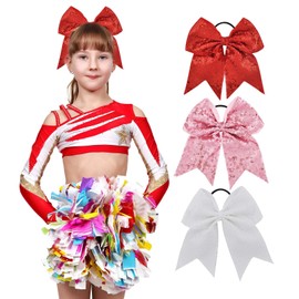 Sequin Bow, 3 Pcs Big Sequin Bows for Girls and Women Hair Decorated Cheerleading Outfit Uniform, Glitter Hair Bows Suitable for Cheerleaders Football Competition Sports (Red, Pink, White)