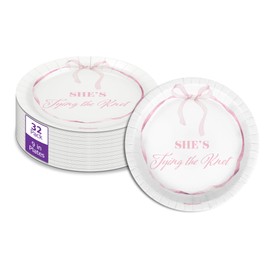 Birthday Galore She's Tying The Knot Bridal Shower - 32 Piece Disposable Party Supplies - Pink Bows Bridal Shower Decorations - Round Party Plates - Large 9" Paper Plates In Bulk
