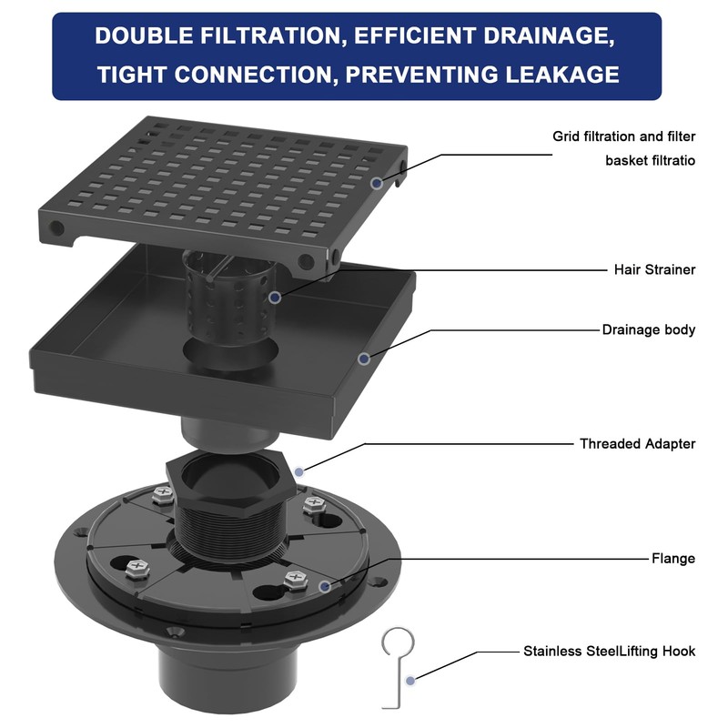 Square Shower Drain | 6 Inch AISI 304 Stainless Steel