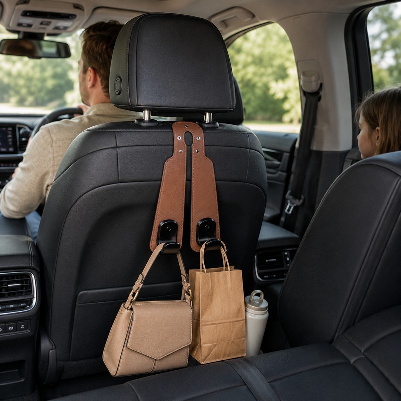 2-in-1 Car Headrest Hook for Bags – Compact Seat-Back Organizer