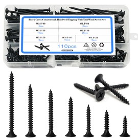 Wood Screws Black Cross Hole Plate, 7 Size Set, Set of 110, Screw Nails, 1.4 x 0.6 inches (3.5 x 16 mm), 0.8 inches (20 mm), 25 mm, 30 mm, 40 mm, 50 mm Furniture Repair, DIY, Fixing, Woodworking
