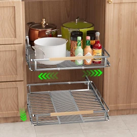 SOFRON Expandable Pull Out Drawers for Cabinets, Kitchen Cabinet Slide Out Shelves, Adjustable Roll Out Drawers, Stainless Steel, Large 2 Pack, (14.5"-25.5") Cabinet Width x 22.7" Depth