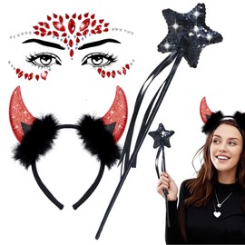 Carnival Costume Women, Devil Horns Glitter Tattoo Face Stones, Horns Headband Red, Black Magic Wand, Horns Headband Men Women, Headpiece Devil Accessory Party (Red Devil Horn)