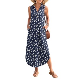 MOLERANI Casual Sleeveless Dress for Women V Neck Summer Maxi Dress with Button Split Travel Vacation Dresses Button Loose Fit Boho Dresses 2025, Floral Navy, L