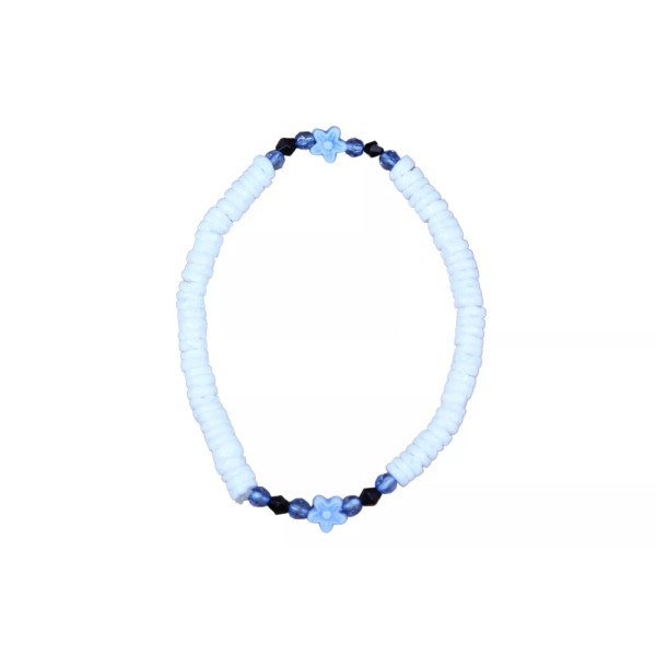 Handmade Puka Shell Bracelet w Blue Flowers - 7", White