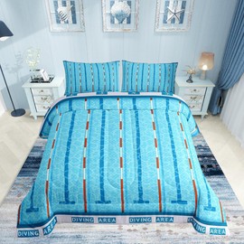 Manfei Swimming Kids Comforter Set Queen Size,Swim Sports Games Modern Fashion Bedding Set,Boys Girls Adults Room Decor,Swimming Pool Chic Down Comforter,Blue Unique Duvet Insert,2 Pillowcases