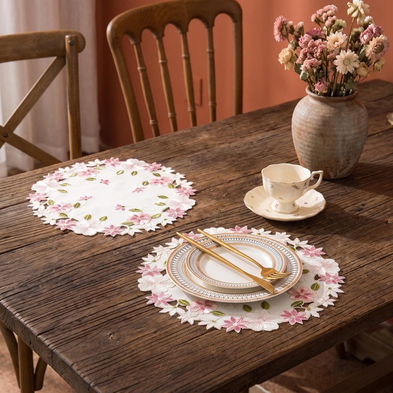 2Pack Round Lace Doilies Tablecloth,flower Embroidered Placemats