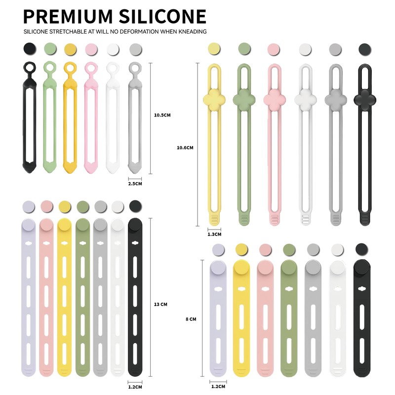 YANGMUM 24pcs Silicone Cable Ties Reusable, Cord Organizer, 4 Styles