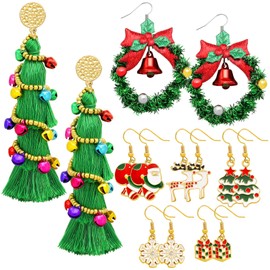 7 Pairs Christmas Earrings for Women Christmas Wreath Jingle Bells Earrings Christmas Tree Snowflakes Deer Dangle Earrings Holiday Jewelry for Women Gifts Red Bell Wreath