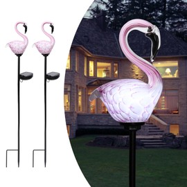 Afirst Solar Outdoor Decorative Lights - Flamingo Handblown Glass Garden Stakes 4" W 2 Pack