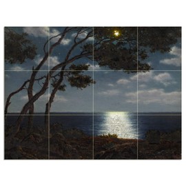 Tile Mural Landscape Night sea Moonlight on The Water by Ivan Choultse Kitchen Bathroom Shower Wall Backsplash Splashback 4x3 4" Marble, Matte