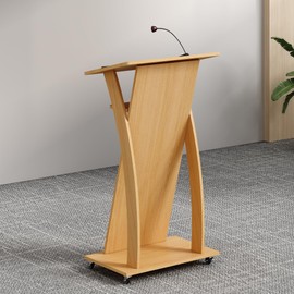 Xibolai Mobile Wooden Podium Stand with Wheels Lectern Oak Color 16MM Wood Board Elegant Design Wooden Pulpit for Churches Seminars and Schools