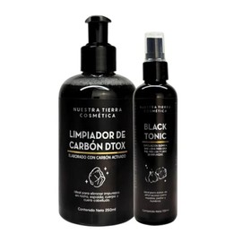 Nuestra Tierra Cosmética Kit Limpiador de Carbón DTOX 250ml con Black Tonic AHA+BHA 125ml, Anti-imperfecciones para Rostro, Cuerpo y Cabello