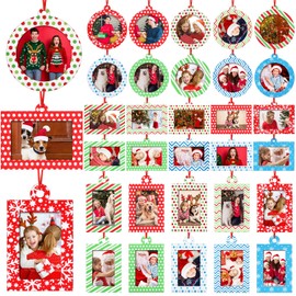 Jetec 30 Pieces Christmas Photo Frame Ornaments with Rope Mini Felt Hanging Picture Frame Round Square Rectangle Photo Frame Xmas Tree Decoration for Holiday Party Decor (Multi Patterns)