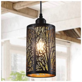 Shining gold Industrial Black Pendant Light Fixture Vintage Farmhouse Mini Black Gold Pendant Lighting Rustic Hollow-Carved Cylinder Pendant Light for Kitchen Island, Dining Room, Bedroom