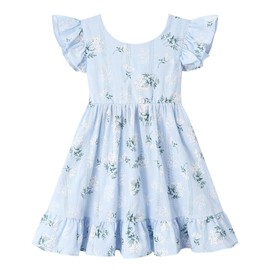 Dutebare Flower Girl Dresses Linen Floral Tie Back Ruffle Sleeve A Line Kid Summer Sundress 834 Blue Floral 110